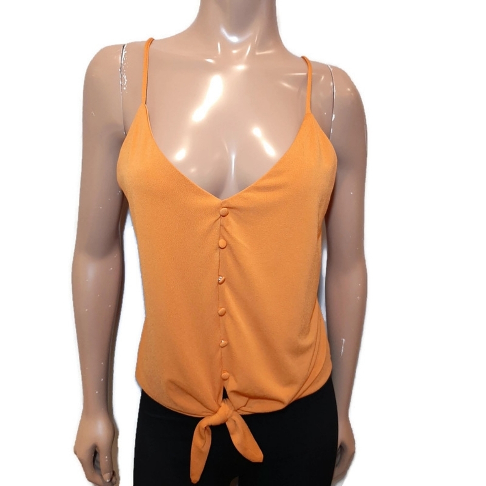Dynamite Tie Hem Tank Top Button Front Vneck Spaghetti Strap Size Small Orange